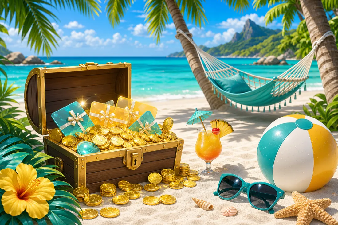 Tropical beach with an open treasure chest of gift-card rewards